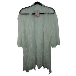 Rslove Robe‎ Womens Medium White Lace Floral Kimono 3/4 Sleeve Lightweight Sheer